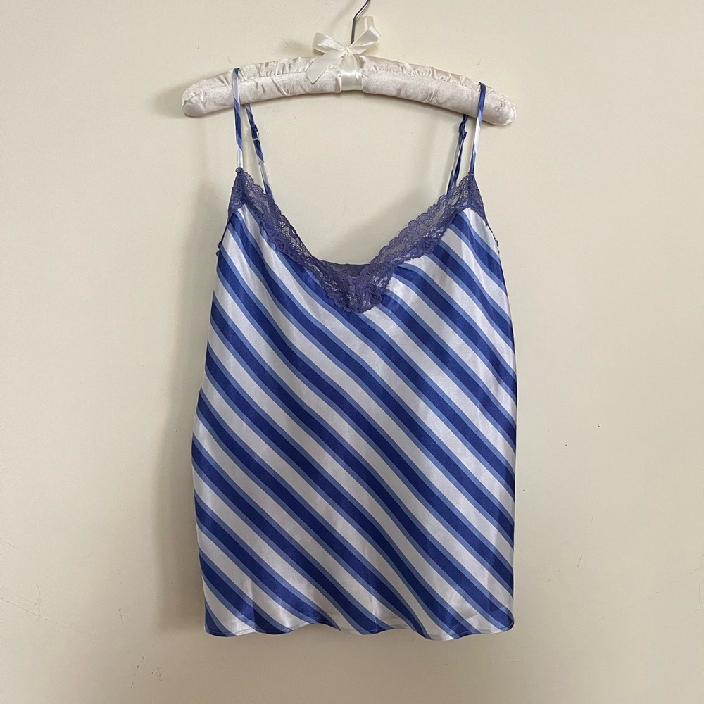 Secret Treasures Blue and White babydoll satin retro Striped with Purple Lace - Picture 7 of 9